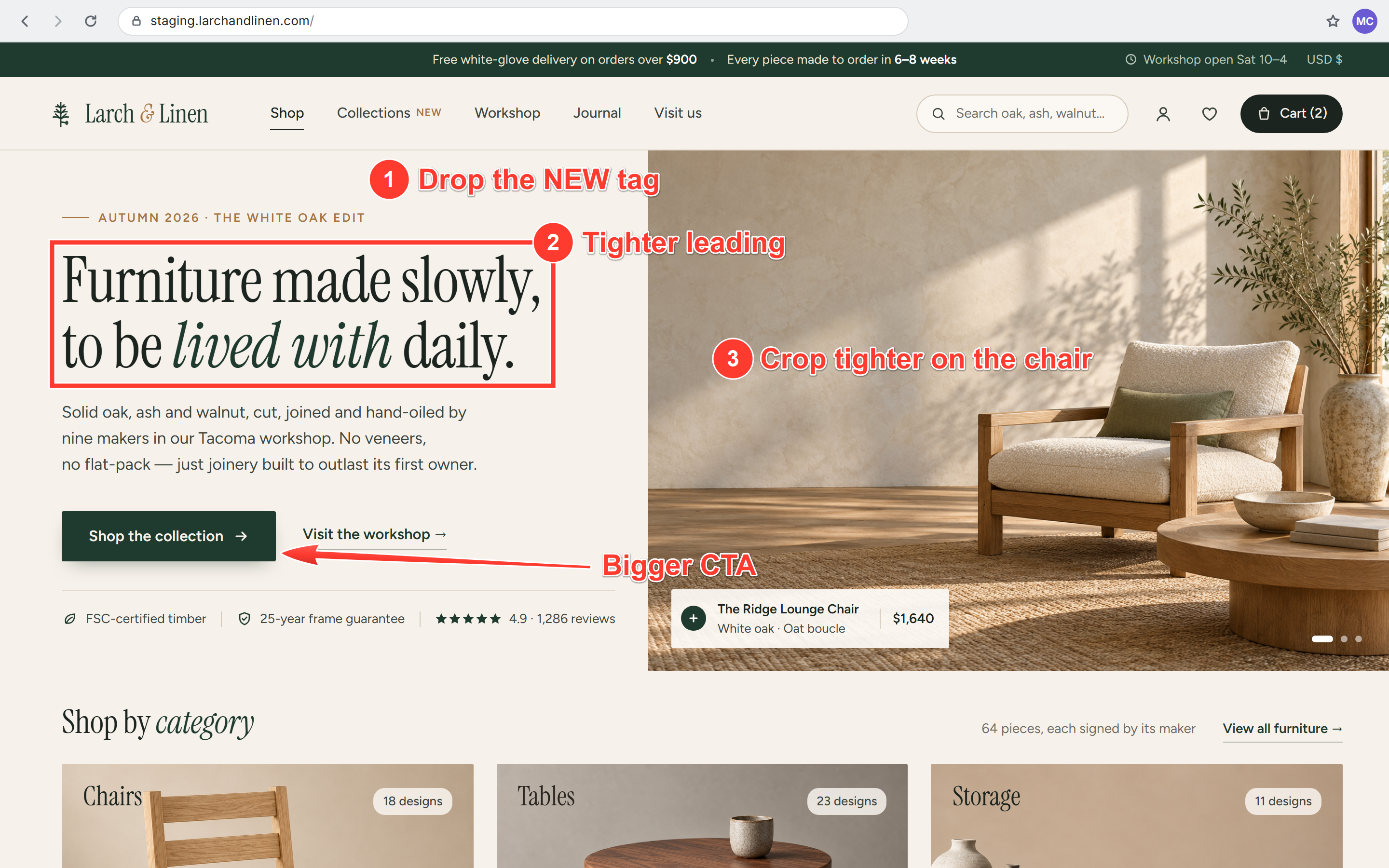 Larch & Linen — homepage feedback